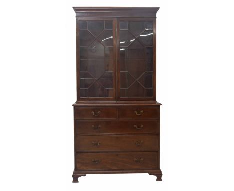 Georgian mahogany library bookcase,&nbsp;with a stepped cornice over astragal glazed doors enclosing a shelved interior, over