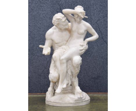 19th century bisque porcelain figural group of a Satyr Zeus and Antiope daughter of King Asopus,&nbsp;(losses) 14" high