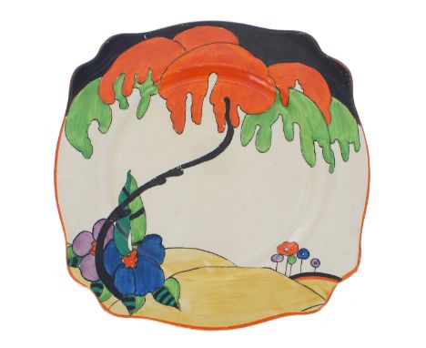 Clarice Cliff 'Woodland' fluted plate, 8.75" wide 