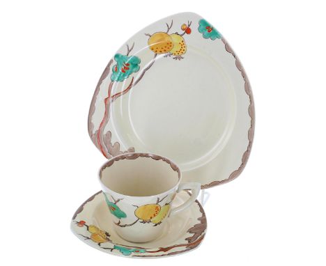 Clarice Cliff 'Passion Fruit' trio, comprising a tea cup, saucer and side plate, the side plate 7.75" diameter 