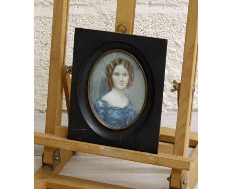 English School (20th century) - portrait of Eliza Brookhouse, age seventeen, born 1811, head and shoulders wearing a blue dre