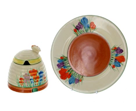 Clarice Cliff Royal Staffordshire 'Autumn Crocus' beehive preserve pot and cover, 3.75" high (the cover restored); with a Biz