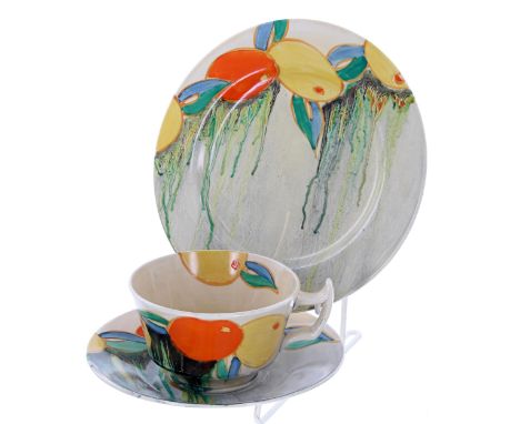 Clarice Cliff Bizarre 'Delecia Citrus' trio, comprising&nbsp;a tea cup, saucer and side plate, the side&nbsp;plate 7" diamete