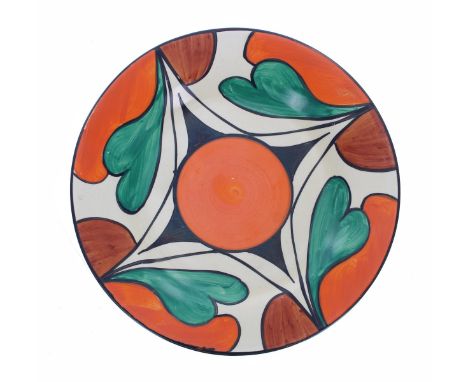 Clarice Cliff Bizarre side plate, painted with abstracts in shades of orange, green&nbsp;and brown with black outlines,&nbsp;