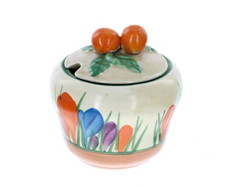 Clarice Cliff Bizarre 'Autumn Crocus' preserve pot and cover, 3" high 