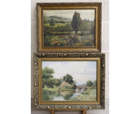 English School (20th century) - Garden scene with a herbaceous border and water fountain in the foreground, oil on board, 10.