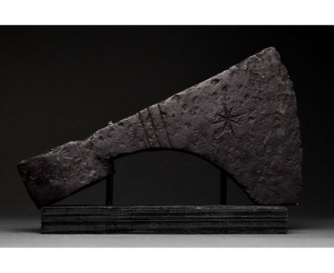 Ca. 1000-1200 AD. Viking Age. A heavy iron battle axe with a curved blade, a tapering cheek, a heavy, reinforced poll and soc