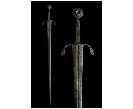 Ca. 1410-1510 AD. Medieval Western Europe. A stunning, forged-iron long sword of the Oakeshott Type XVIIIa with a slender han