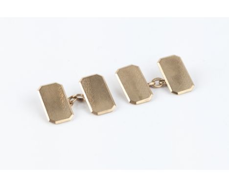 TWO PAIRS OF 9CT GOLD CUFFLINKS, comprising a pair of octagonal panel cufflinks with engine-turned decoration, on chain-link 