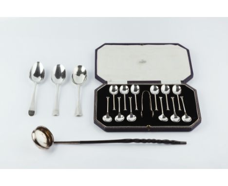 A SET OF TWELVE SILVER TEASPOONS with matching sugar tongs by Cooper Brothers & Sons Ltd, Sheffield 1928, in fitted case; thr