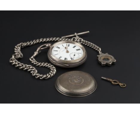 A SILVER OPEN FACE POCKET WATCH AND ALBERT CHAIN, the white enamel dial with Roman numerals and subsidiary dial, signed The "