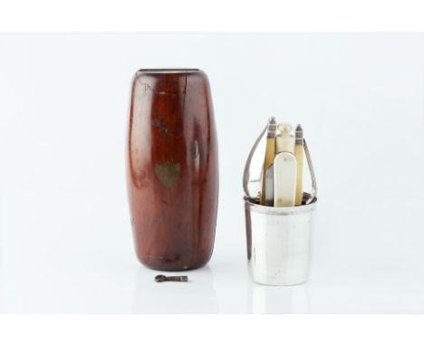 A FRENCH WHITE METAL BEAKER, fitted with a folding ivory handled travelling fork and spoon, and a later bone cylindrical case