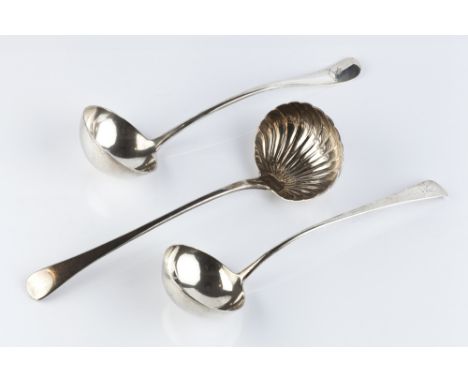 A GEORGE III SILVER OLD ENGLISH PATTERN SOUP LADLE, with scalloped bowl, by Richard Pearce, London 1819; another with plain b