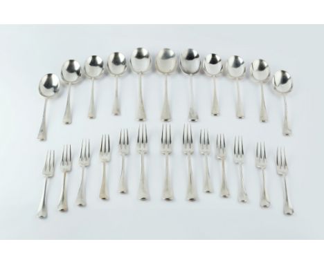 A SILVER HANOVARIAN RATTAIL PATTERN PART SERVICE of flatware, comprising three tablespoons, nine dessert spoons, three table 