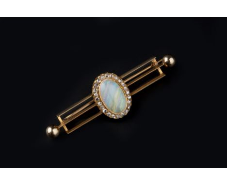 AN OPAL AND DIAMOND CLUSTER BAR BROOCH, the oval cabochon opal collet set within a border of rose and lasque-cut diamonds, to