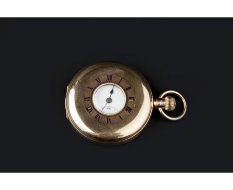 A 9CT GOLD HALF HUNTER POCKET WATCH, the white enamel dial with Roman numerals, subsidiary seconds dial and outer minute scal