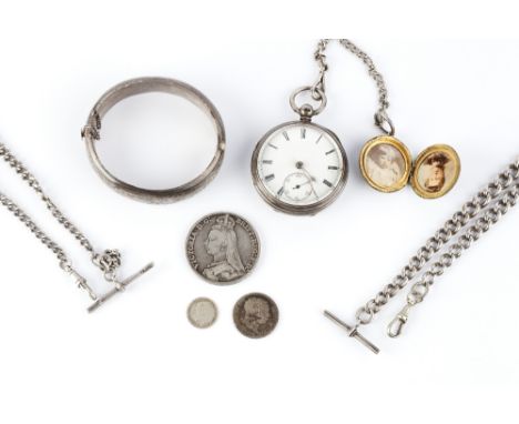 A VICTORIAN SILVER OPEN FACE POCKET WATCH, the white enamel dial with Roman numerals and subsidiary seconds dial, to key wind