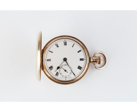 A 9CT GOLD HUNTER POCKET WATCH, the white enamel dial with Roman numerals, subsidiary seconds dial and outer minute scale, to