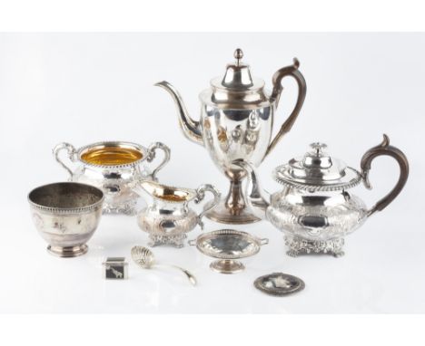 A SILVER TWIN HANDLED SMALL TAZZA, with pierced rim, Birmingham 1926, 12cm wide, and a small collection of silver plated item