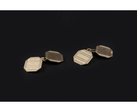 A PAIR OF 9CT GOLD CUFFLINKS,  each with octagonal engine-turned panels, on chain-link fittings, hallmarked for Birmingham 19