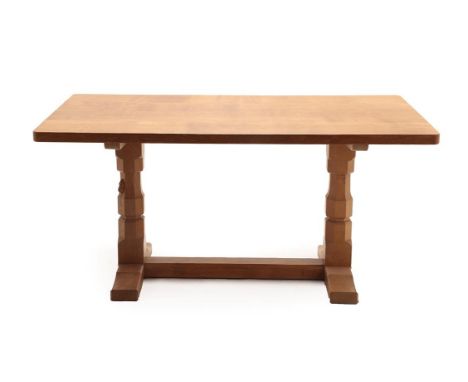 Workshop of Robert Mouseman Thompson (Kilburn): An English Oak 5ft Refectory Dining Table, the adzed rectangular top on two o