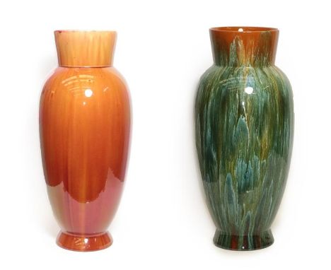 A Linthorpe Pottery Flambe Vase, shape 168, in flambé, impressed LINTHORPE 168, 47.5cm high (damaged) and A Linthorpe Pottery