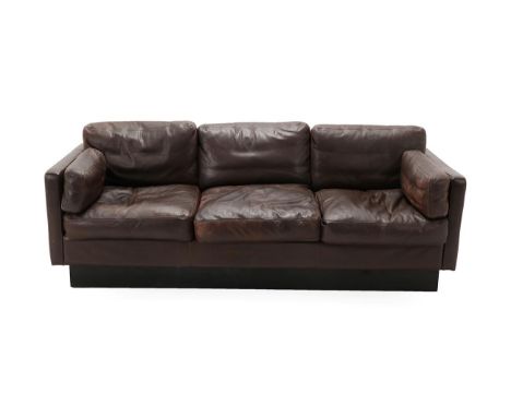 A 1970's Danish Three-Seater Sofa, brown leather upholstery, 204cm wide, 84cm deep, 70cm high