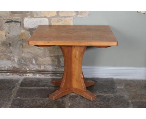 Workshop of Robert Mouseman Thompson (Kilburn): A 3ft English Oak Square Dining Table, on a cruciform base, with carved mouse