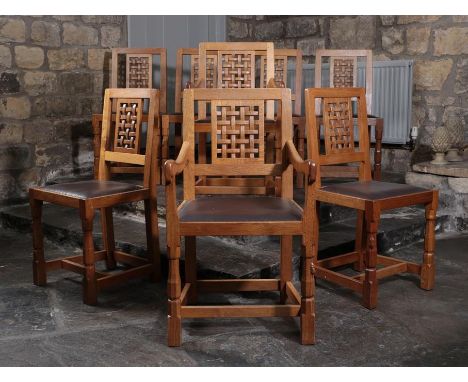 Workshop of Robert Mouseman Thompson (Kilburn): A Set of Eight (6+2) English Oak High Lattice Back Dining Chairs, chocolate c