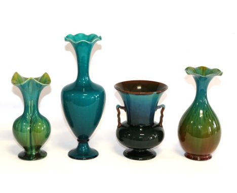 A Linthorpe Pottery Twin-Handled Vase, shape 1059, in blue and green, impressed LINTHORPE 1059, 18.5cm and Three Others, shap