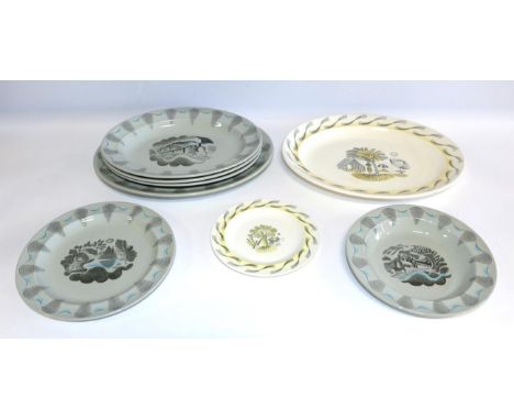 Eric Ravilious (1903-1942) for Wedgwood: A Group of Travel Pattern Dinner Wares, with a ship, sailing boat and trains vignett