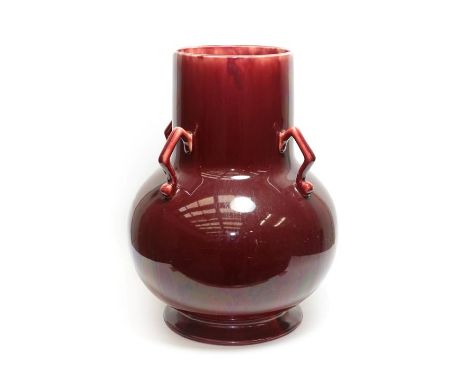 A Linthorpe Pottery Flambe Vase, with four loop handles, flambé glaze, impressed LINTHORPE 2038, 34cm high. Restored foot rim