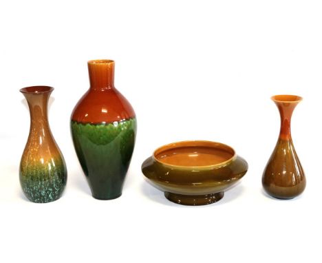 Three Linthorpe Pottery Vases, shape 124, 376 and 1312, all in mustard and green, impressed factory marks, 22cm, 25.5cm and 3