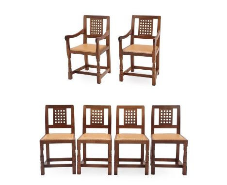 Workshop of Robert Mouseman Thompson (Kilburn): A Set of Six (4+2) English Oak Lattice Back Dining Chairs, dated 26/3/92, nai