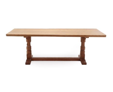 Workshop of Robert Mouseman Thompson (Kilburn): An English Oak 7ft Refectory Dining Table, the adzed rectangular top on two o