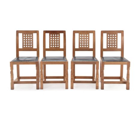 Workshop of Robert Mouseman Thompson (Kilburn): A Set of Four English Oak Lattice Back Dining Chairs, dated 18/3/04, nailed d