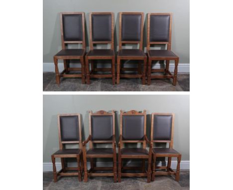 Workshop of Robert Mouseman Thompson (Kilburn): A Set of Eight (6+2) English Oak ''Harlequin'' Dining Chairs, chocolate cow h