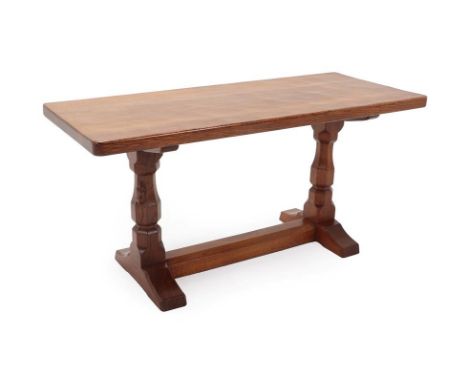 Workshop of Robert Mouseman Thompson (Kilburn): An English Oak 3ft Refectory Coffee Table, the adzed rectangular top on two o