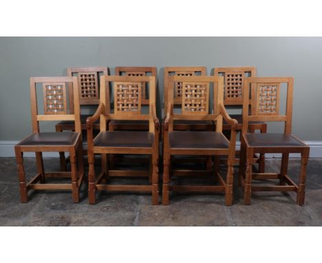 Workshop of Robert Mouseman Thompson (Kilburn): A Set of Eight (6+2) English Oak High Lattice Back Dining Chairs, chocolate c