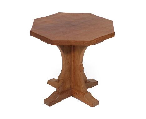 Workshop of Robert Mouseman Thompson (Kilburn): An English Oak Octagonal Coffee Table, post 1960, adzed top, on a cruciform b