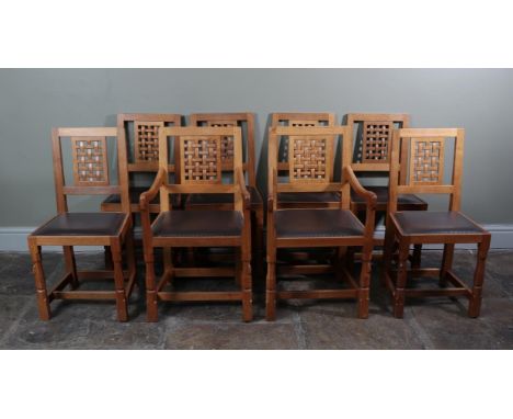 Workshop of Robert Mouseman Thompson (Kilburn): A Set of Eight (6+2) English Oak High Lattice Back Dining Chairs, chocolate c