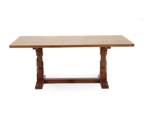 Workshop of Robert Mouseman Thompson (Kilburn): An English Oak 6ft Refectory Dining Table, the adzed rectangular top on two o