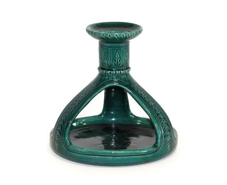 A Clarence Potteries Company Limited Candlestick, incised with repeating patterns and dated 1906 and inscribed FIAT LUX (Let 