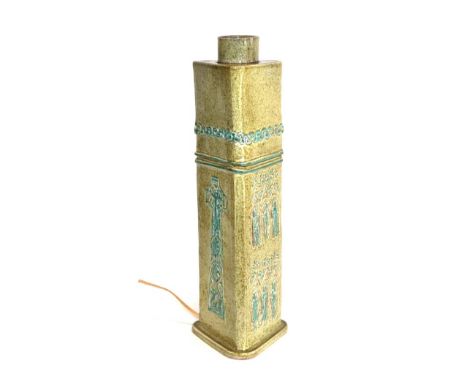 A 1970's Earthenware Lamp Base, of triangular form, mottled green glaze with turquoise glazed Celtic motifs, incised ER, 44cm