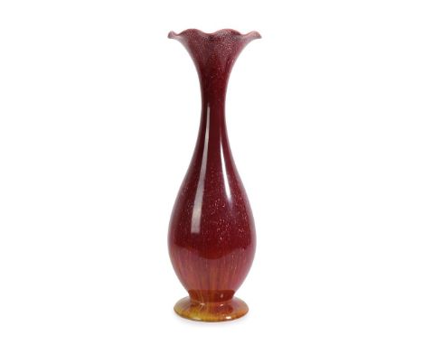 A Tall Linthorpe Pottery Vase, shape 1601, with frilled rim in red glaze, impressed factory marks Linthorpe 1601, 48cm. Craze
