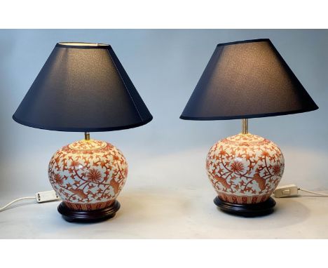 TABLE LAMPS, a pair, 46cm H, Chinese ceramic terracotta/white, of vase form, with shades. (2) 