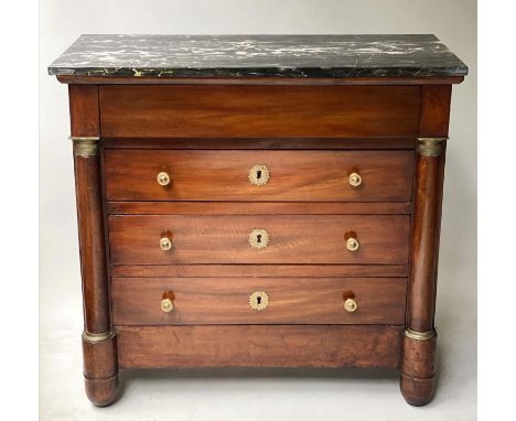 EMPIRE COMMODE, early 19th century, French mahogany and gilt metal mounted with marble top above four long drawers,  89cm W x