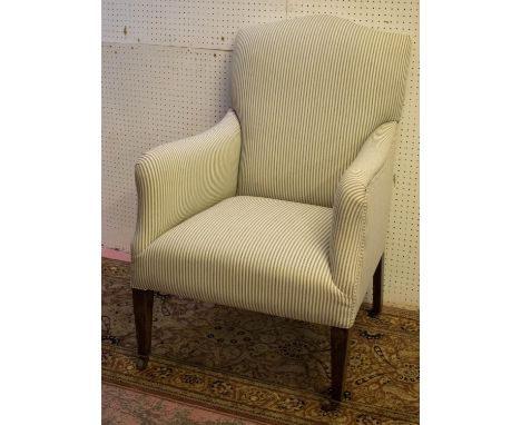 ARMCHAIR, 96cm H x 64cm, Edwardian beech wood in ticking upholstery with ceramic castors. 