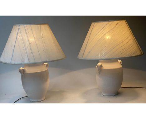 TABLE LAMPS, a pair, Provencal ceramic wine jar form with parchment spun silk shades, 61cm H. (2) 