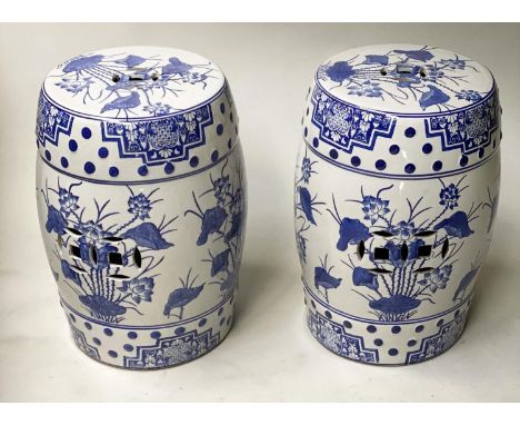 BARREL STOOLS, a pair, Chinese blue and white pierced ceramic, 45cm H. (2) 